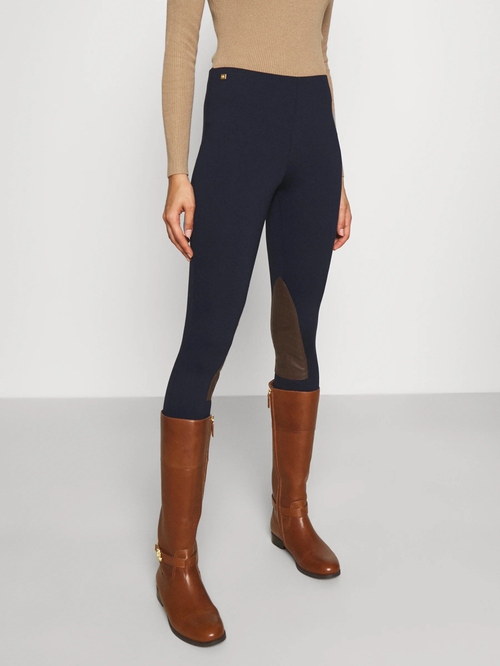 Lauren Ralph Lauren Ponte Equestrian Riding Pants Navy Brown Knee Patch Small